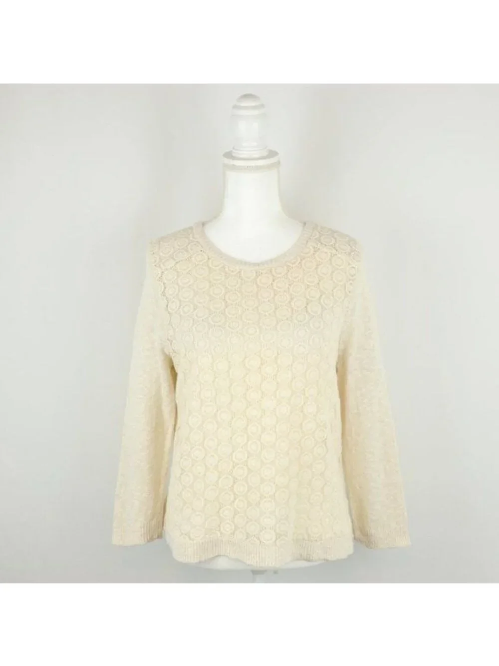 Lucky Brand Women's Medium Cream Scoop Neck Open Work Crochet Sweater